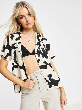 Obey Women's Short Sleeve Button-Down Shirt in Black & Cream Cow Print